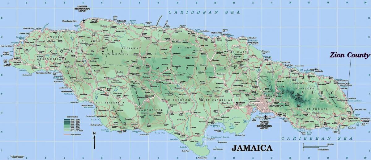 líkamlega kort af jamaica að sýna fjöll