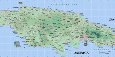 Líkamlega kort af jamaica að sýna fjöll