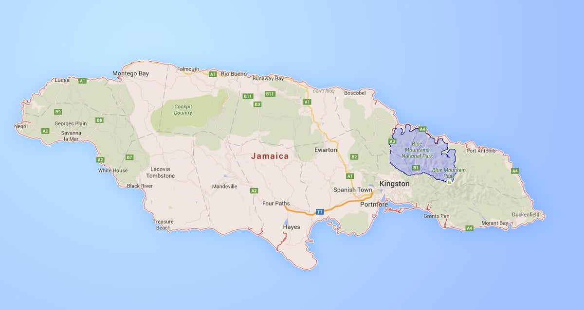 Kort af bláu fjöllum jamaica