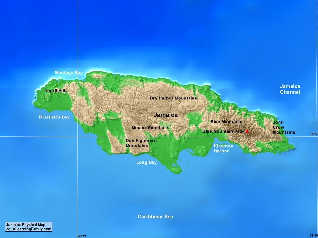 Kort af jamaica fjöll