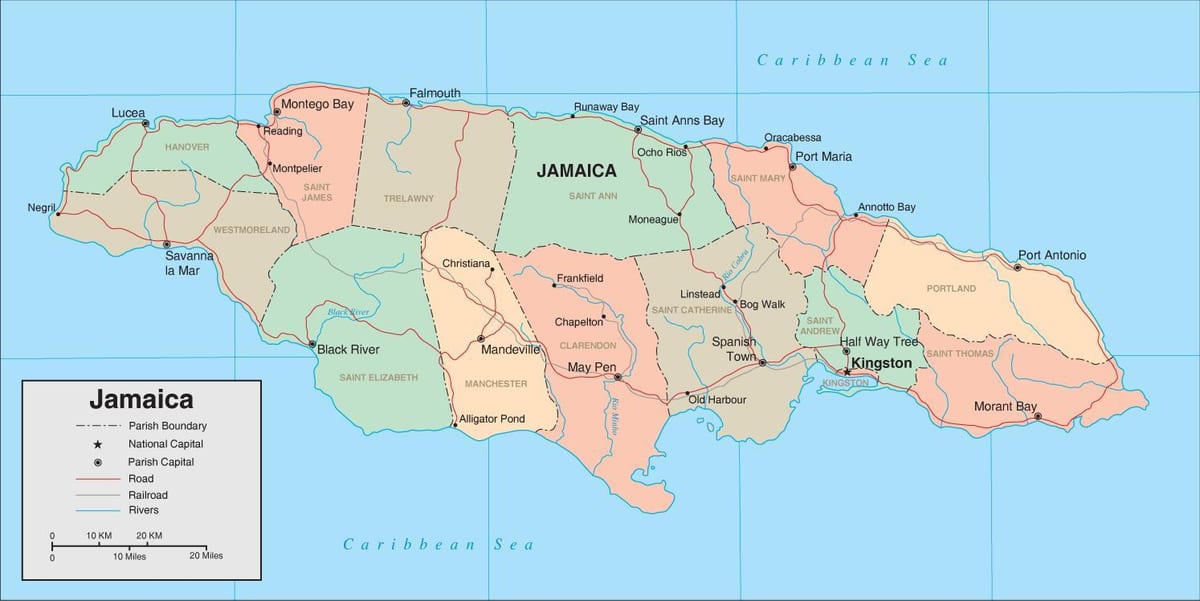 Kort af jamaica héruðum