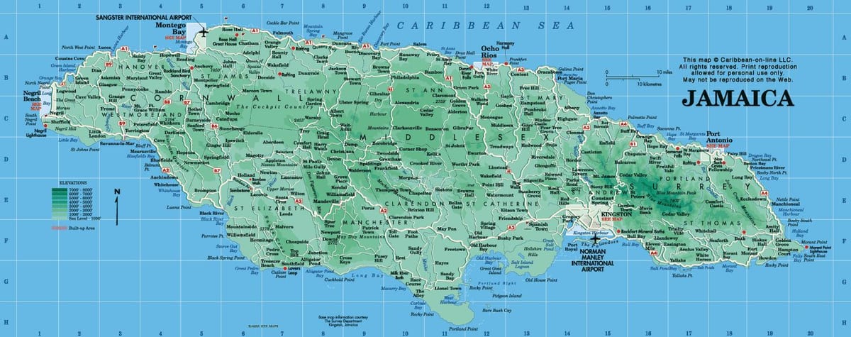 landfræðilega kort af jamaica
