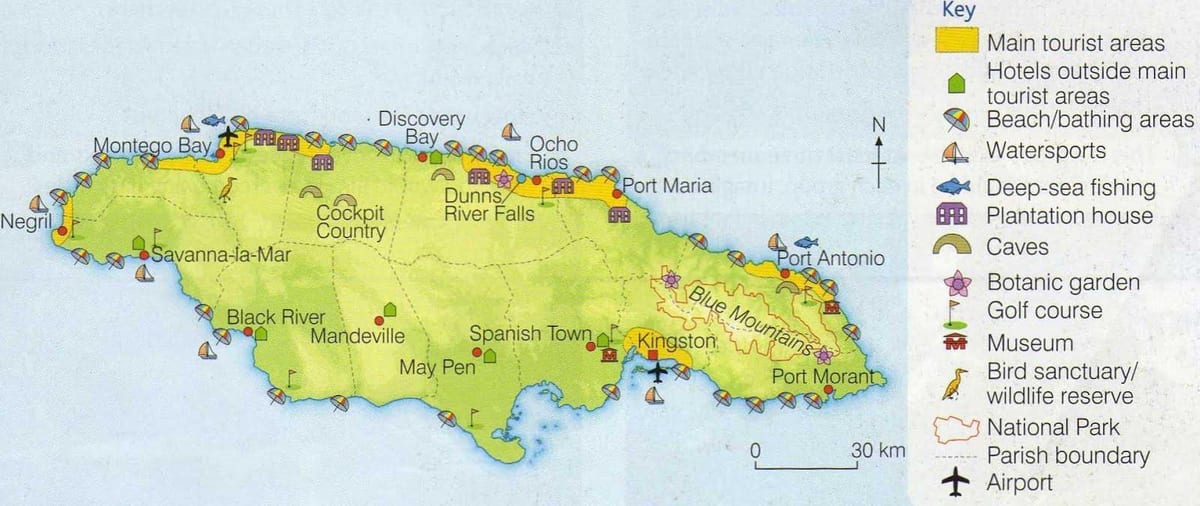 Kort af jamaica að sýna úrræði svæði