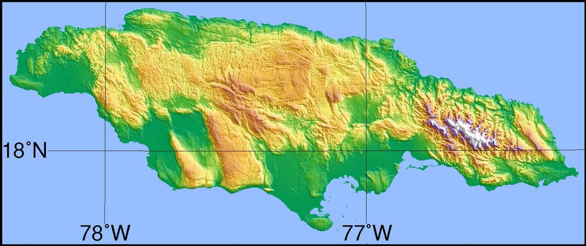 kort af jamaica að sýna fjöll sléttum og dölum