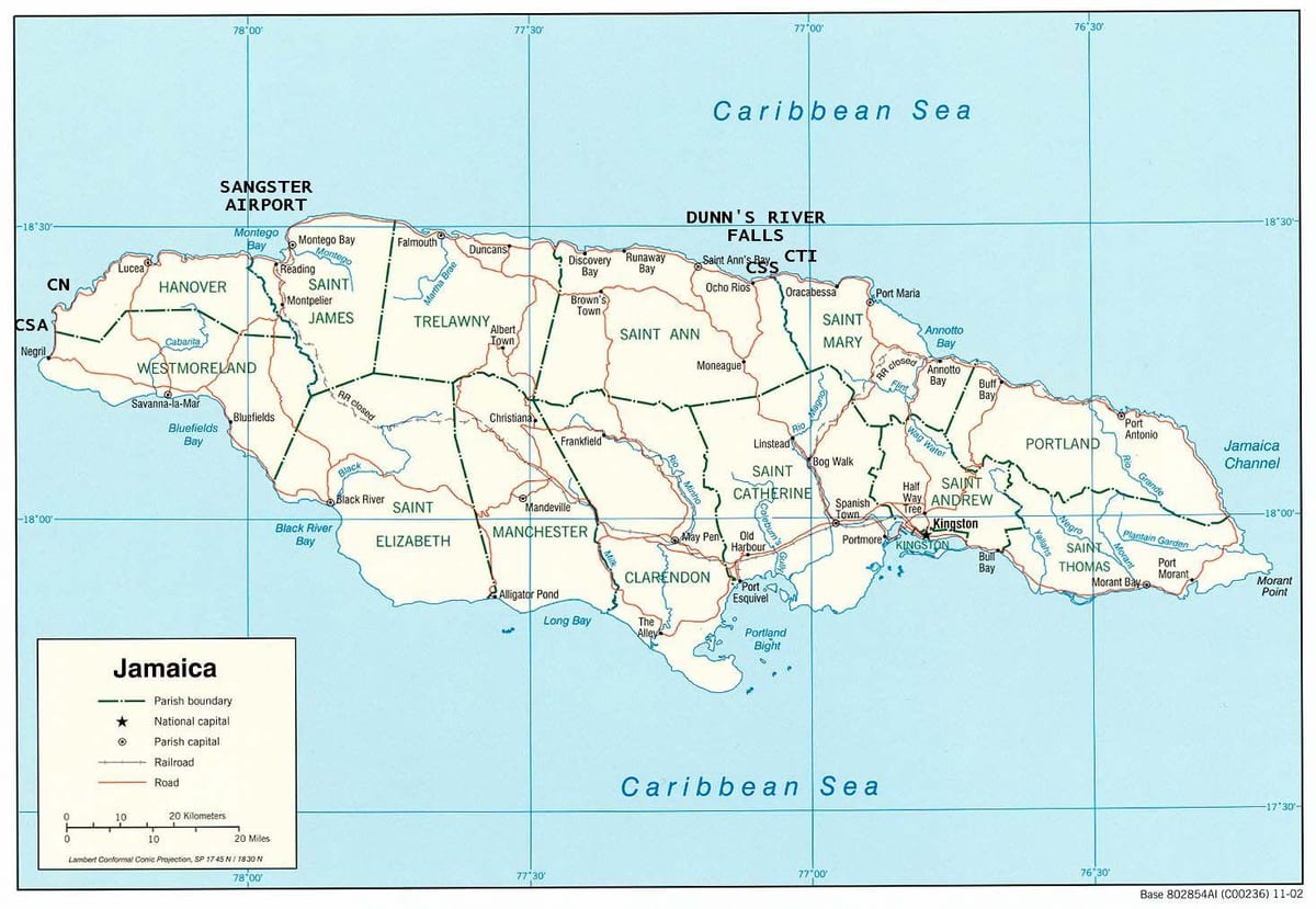 Kort af jamaica dunns river fellur